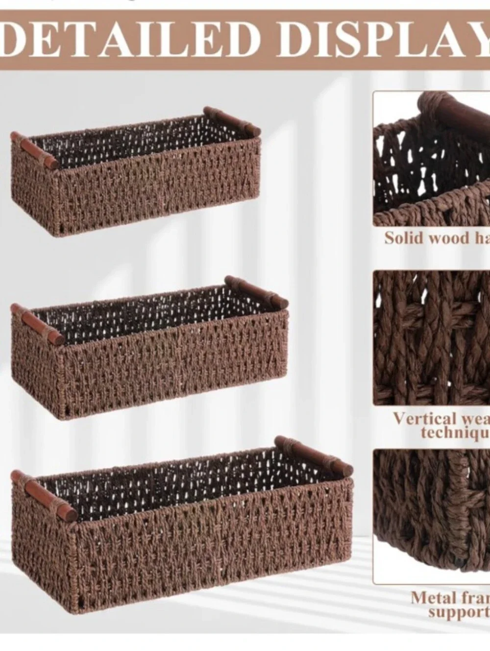 Boao 3 Pcs Boho Storage Wicker Baskets Handmade Woven Decorative Paper Rope
